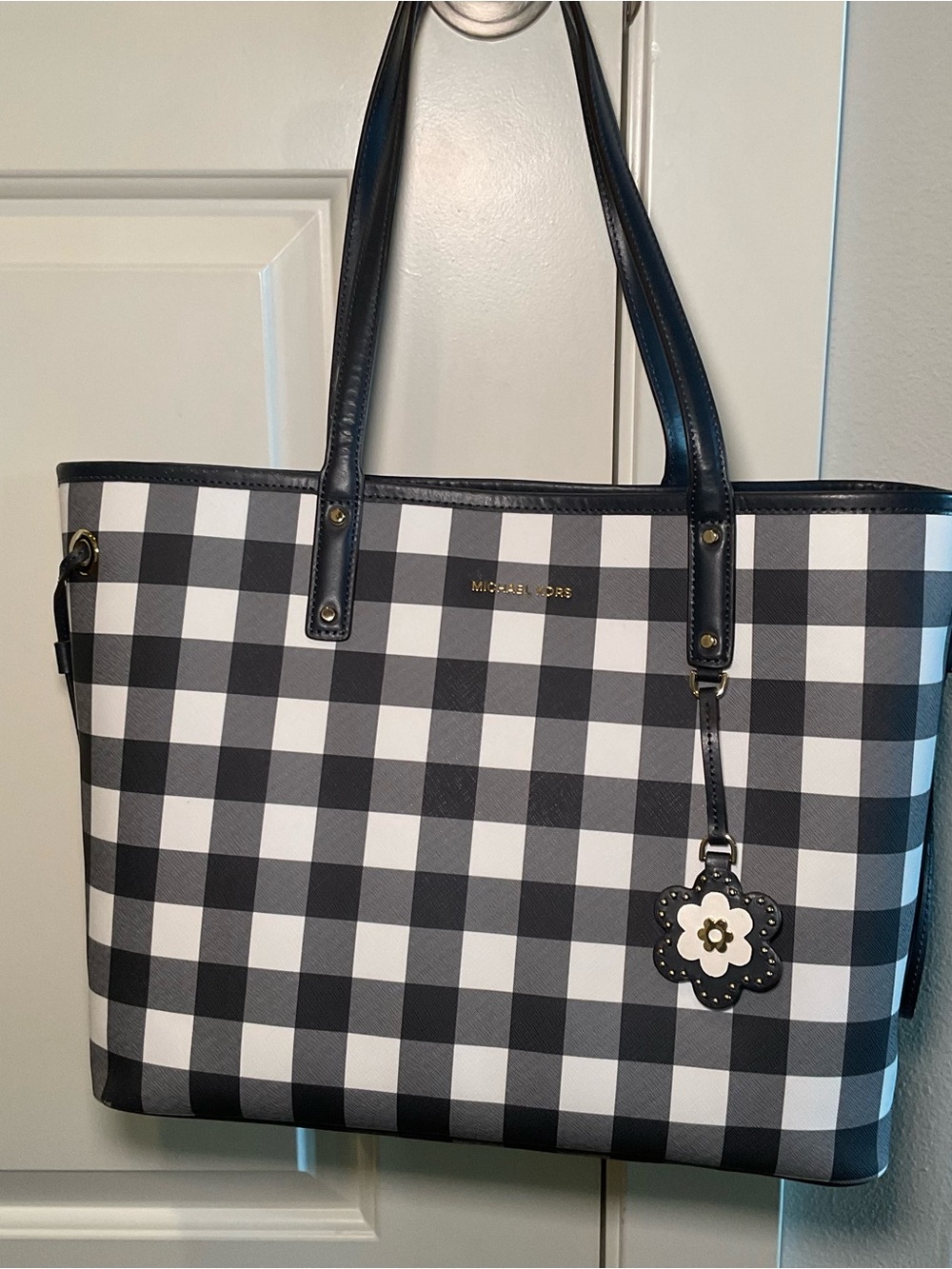 Michael Kors Navy & White Gingham Reversible Tote with Floral Charm Accent